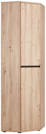 Eckschuh-Mehrzweckschrank aus Holz in heller Holzoptik, perspektivisch von vorne links fotografiert.