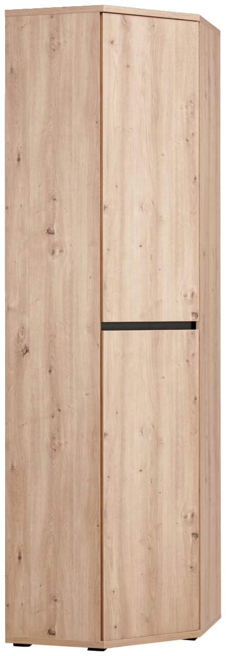 Eckschuh-Mehrzweckschrank aus Holz in heller Holzoptik, perspektivisch von vorne links fotografiert.