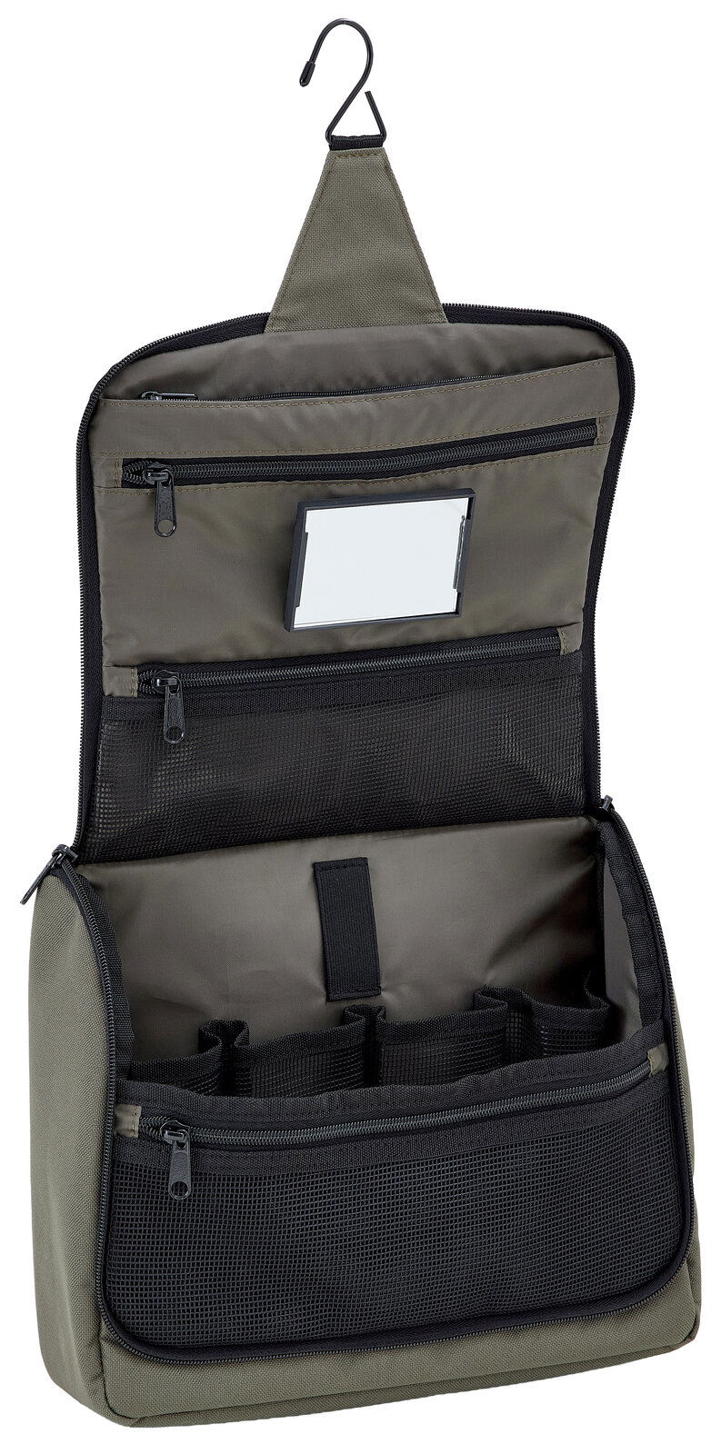 Geöffnete, hängende Kulturtasche mit mehreren Reißverschlussfächern und einem Spiegel, Vorderansicht.