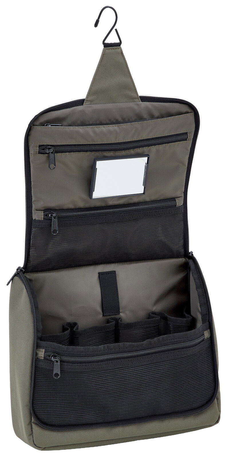 Reisenthel Toiletbag XL Forest black Geöffnete, hängende Kulturtasche mit mehreren Reißverschlussfächern und einem Spiegel, Vorderansicht.