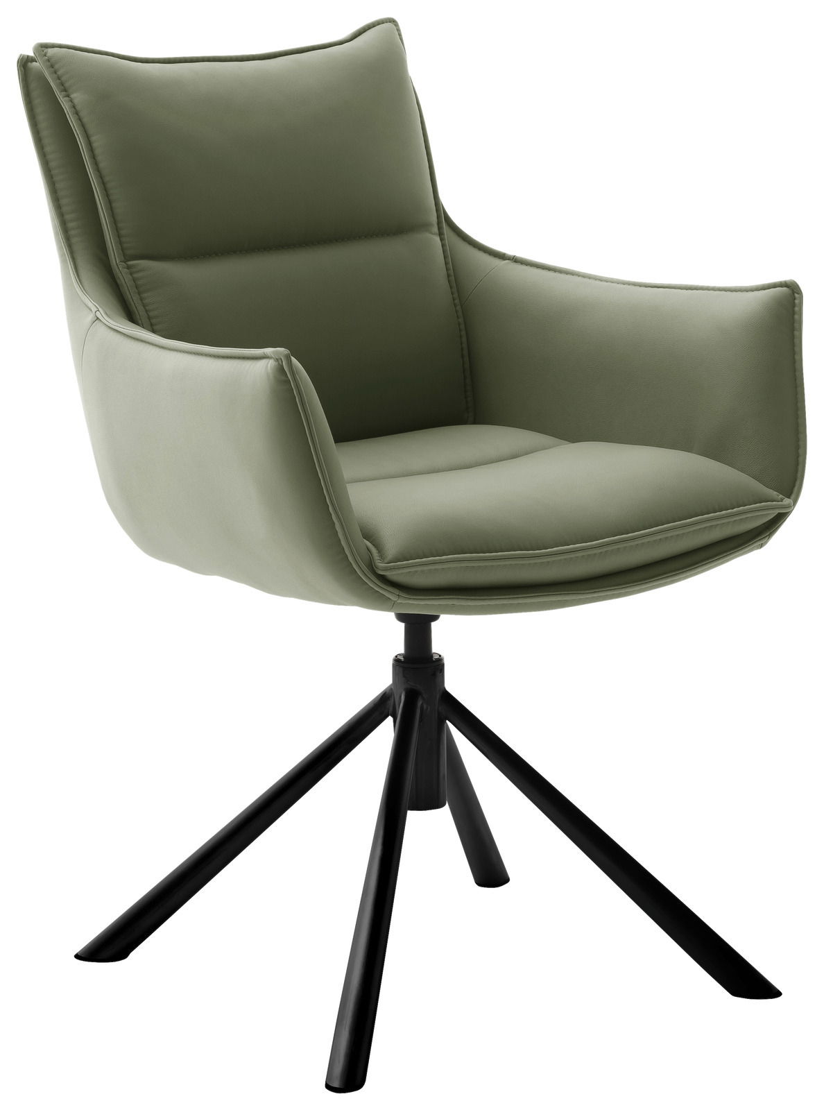 Moderner grüner Sessel mit schwarzem Metallgestell, seitliche Perspektive