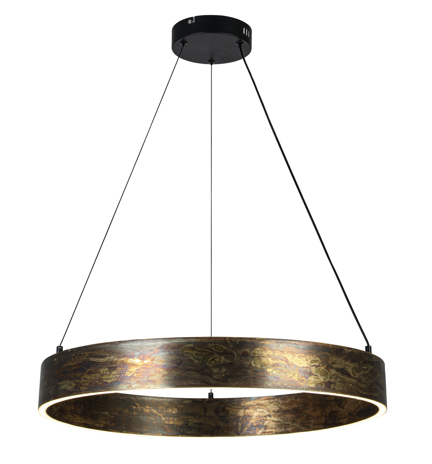 Moderne LED-Hängeleuchte in Ringform mit antikem Finish, seitliche Perspektive