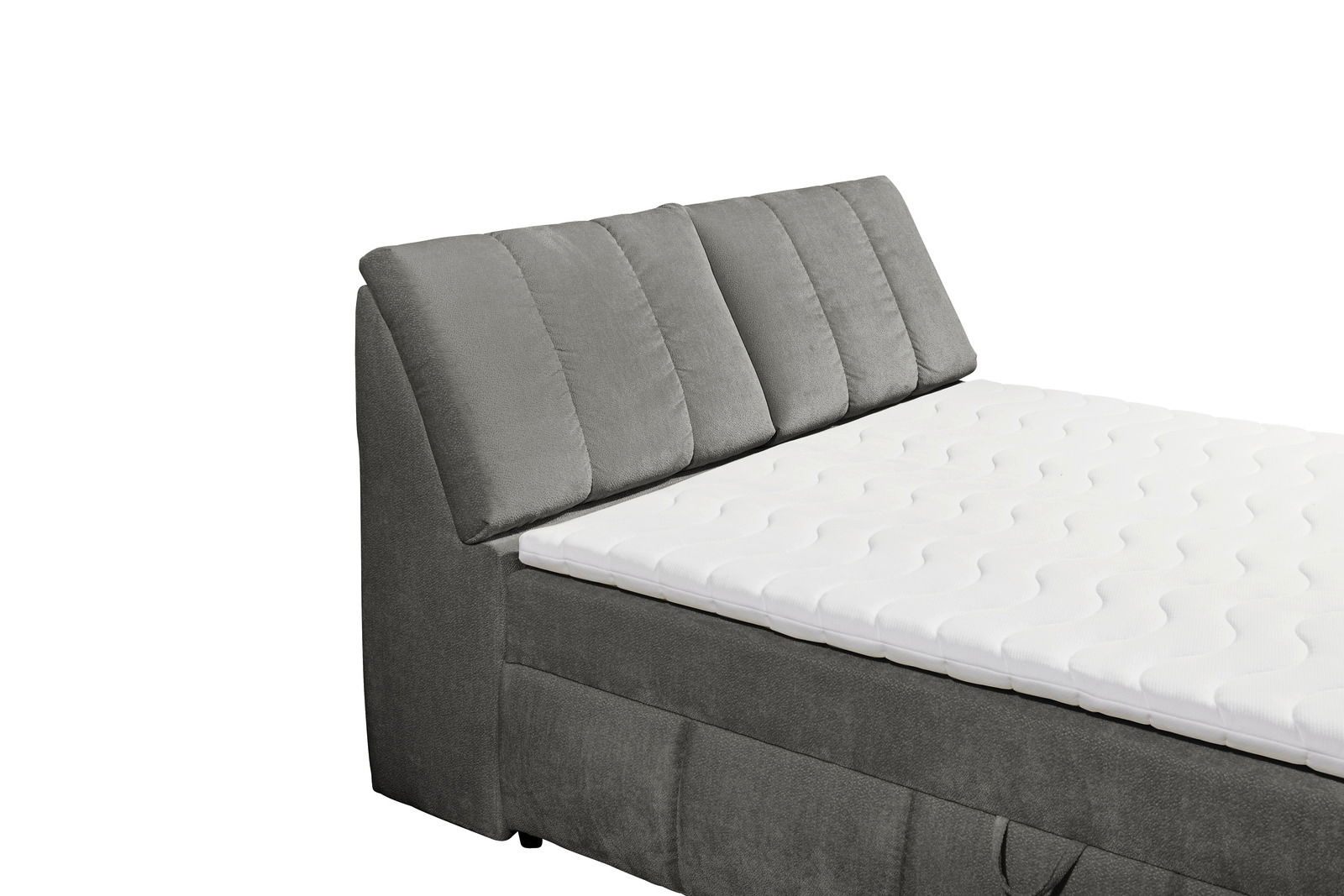 Seitliche Ansicht eines grauen Boxspringbetts mit gepolstertem Kopfteil und weißer Matratze.