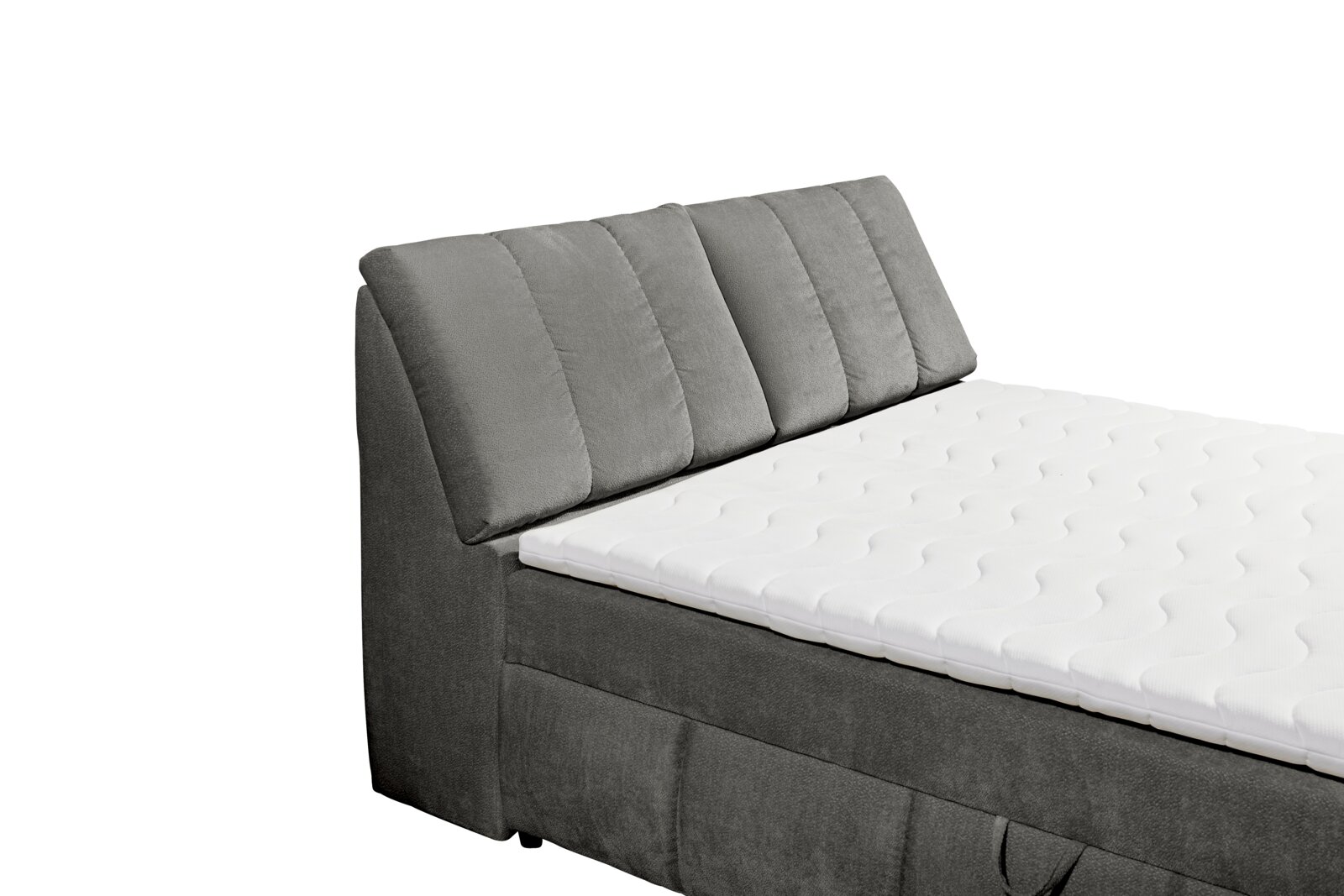 Seitliche Ansicht eines grauen Boxspringbetts mit gepolstertem Kopfteil und weißer Matratze.