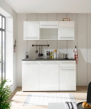 Moderne Single-Küche 160 cm ohne Elektrogeräte, Frontansicht, mit weißem Hochglanzfinish, Spüle und Stauraum.