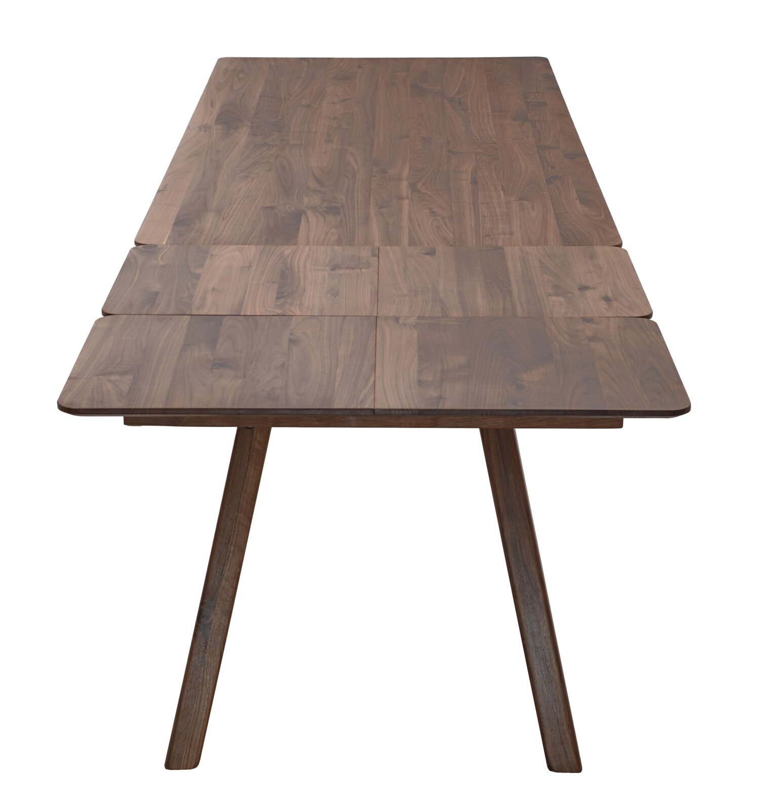 Uitschuifbare rechthoekige houten eettafel met donker walnootlook tafelblad en taps toelopende poten, gezien van boven in lichte hoek vanaf de kopse kant