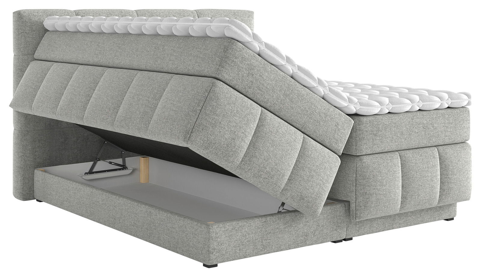 Boxspringbett mit geöffnetem Stauraum, seitliche Perspektive