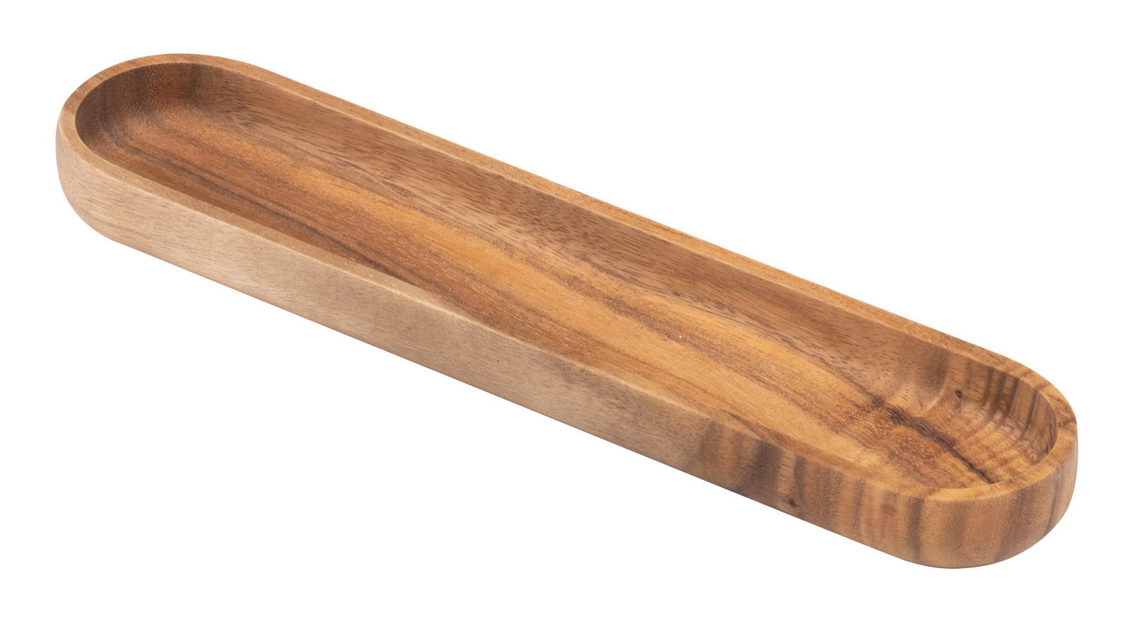 Holz-Baguette-Schale in rechteckiger Form mit abgerundeten Ecken, aus der Vogelperspektive fotografiert.