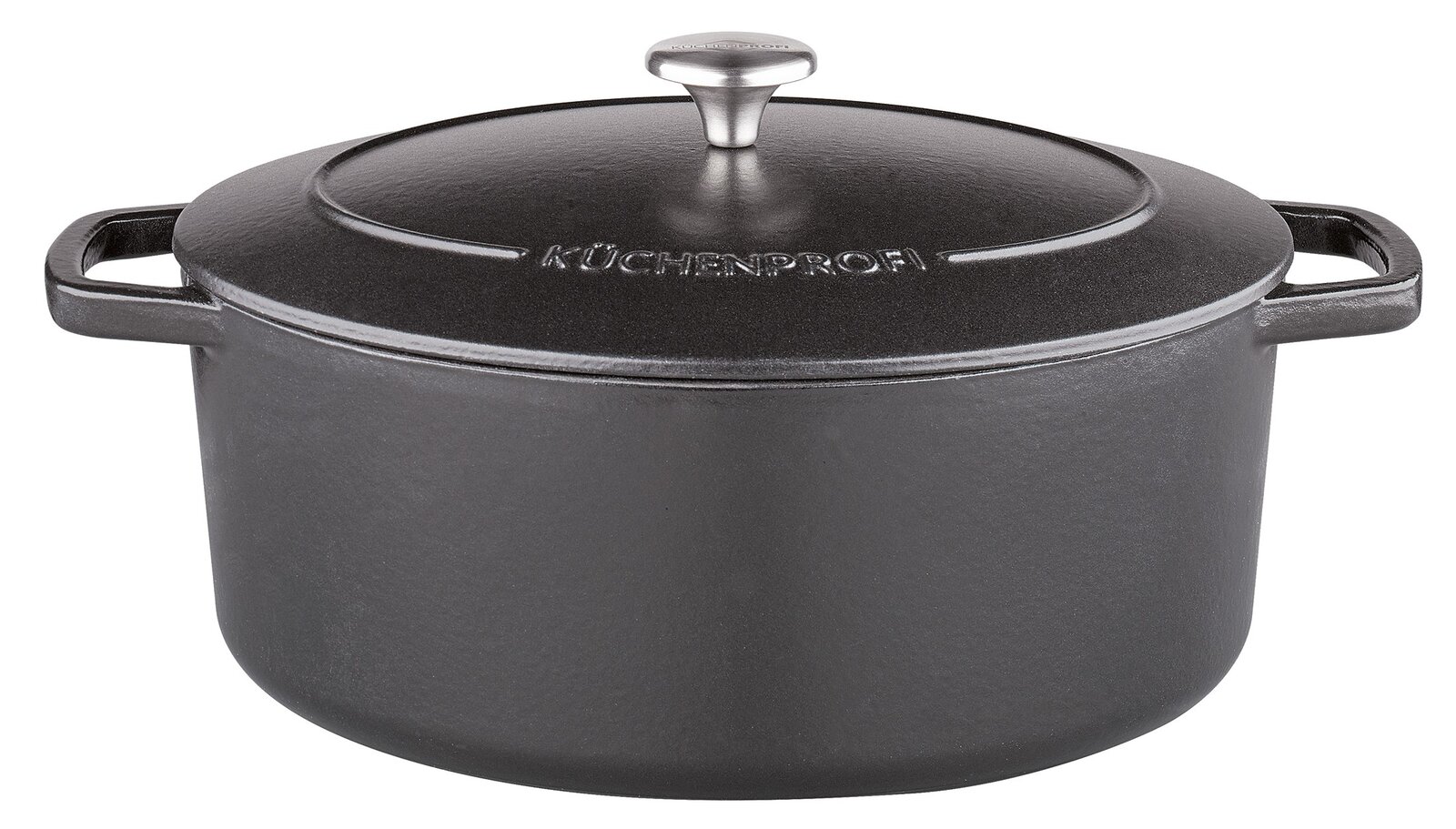 Gusseiserner ovaler Bräter mit Deckel, seitliche Griffe, Vorderansicht