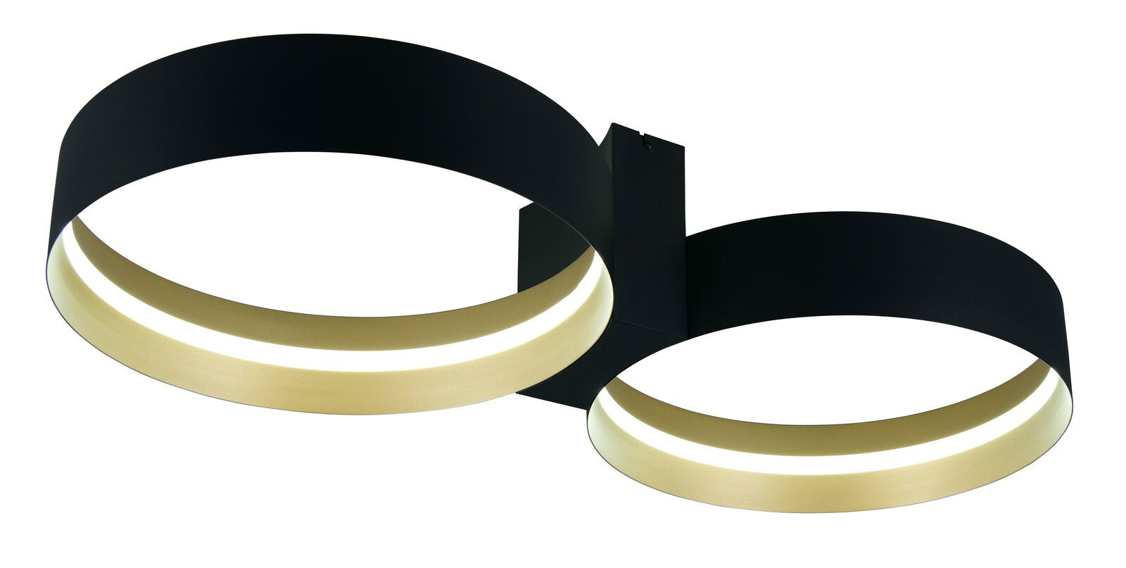 Moderne Deckenleuchte mit zwei schwarzen, ringförmigen Elementen und goldener Innenseite, seitliche Perspektive