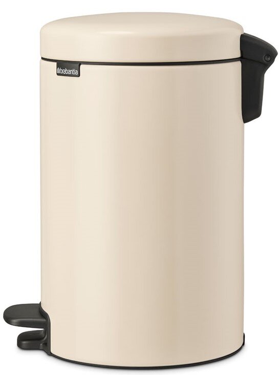 Beiger Treteimer aus seitlicher Perspektive mit schwarzem Pedal und Deckelgriff.