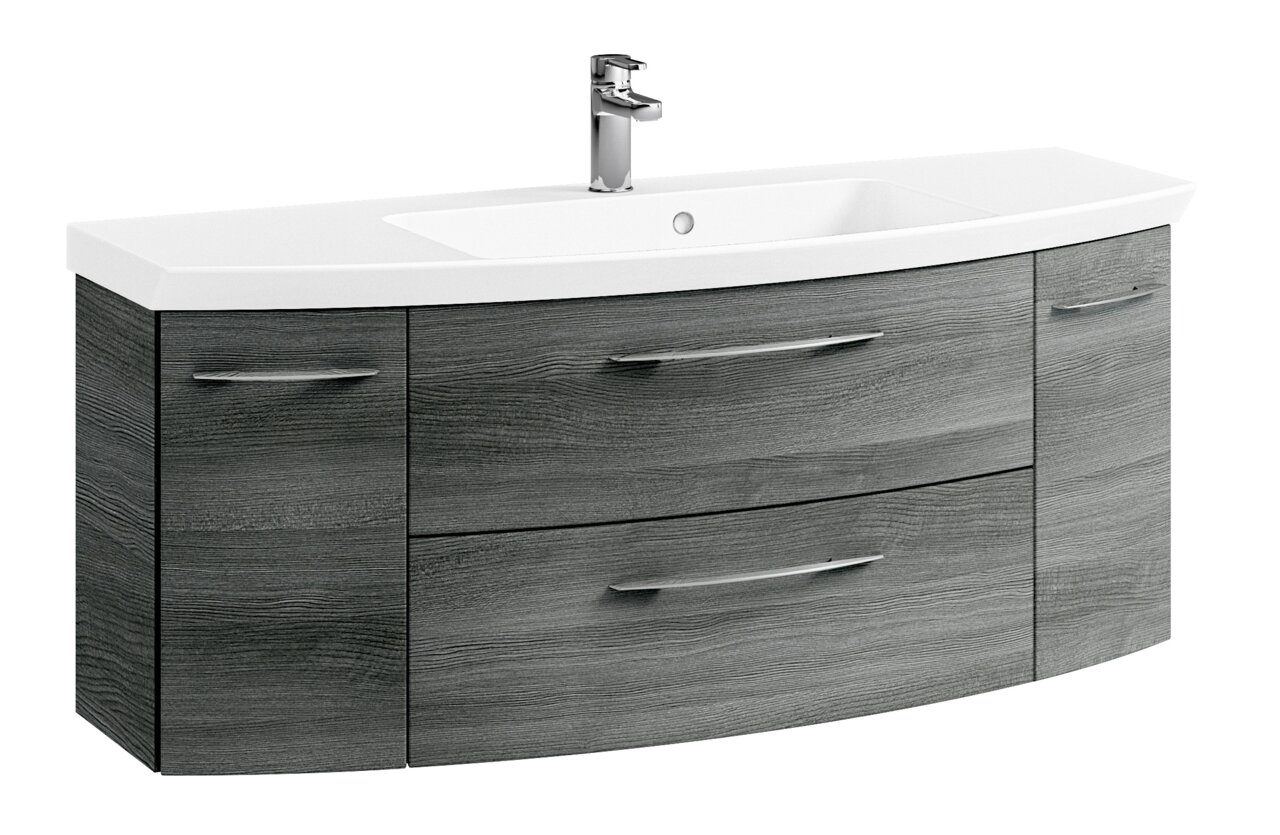 Moderner Waschtisch mit grauer Holzoptik und weißem Waschbecken, Frontalansicht