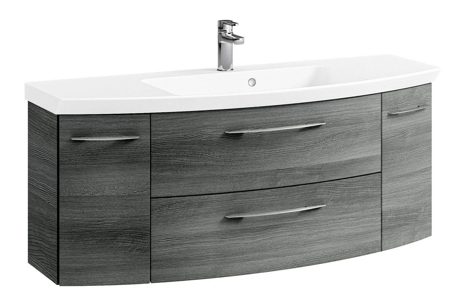 Moderner Waschtisch mit grauer Holzoptik und weißem Waschbecken, Frontalansicht