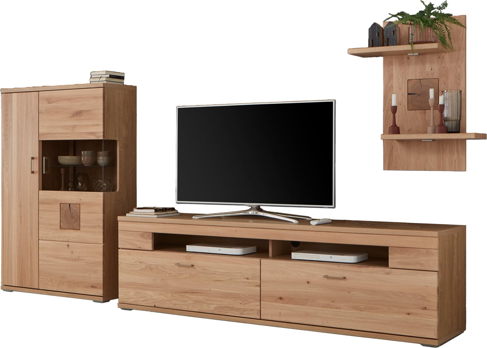 Zurbrüggen Wandkombination KANSAS Wandkombination aus Holz mit TV-Schrank, Vitrine und Wandregal, frontal betrachtet