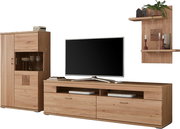 Wandkombination aus Holz mit TV-Schrank, Vitrine und Wandregal, frontal betrachtet