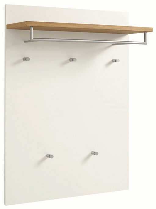 Wandpaneel mit Holzablage und Kleiderhaken, seitliche Perspektive