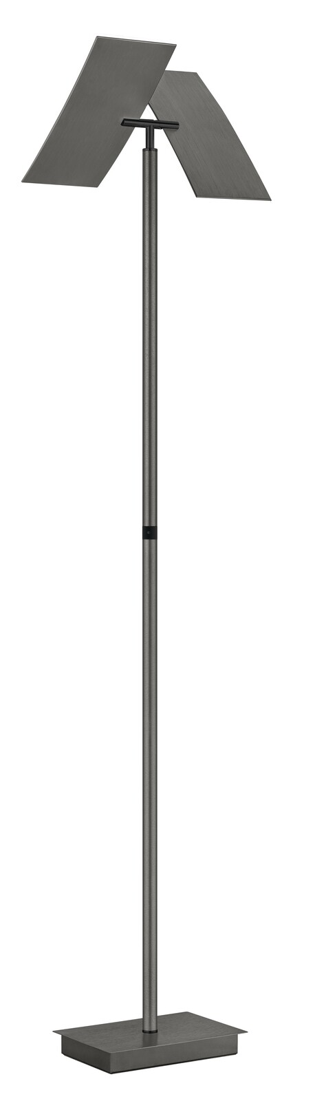 Moderne Stehleuchte ANDY mit zwei rechteckigen, schwenkbaren Lampenschirmen in dunklem Metall, seitliche Perspektive.