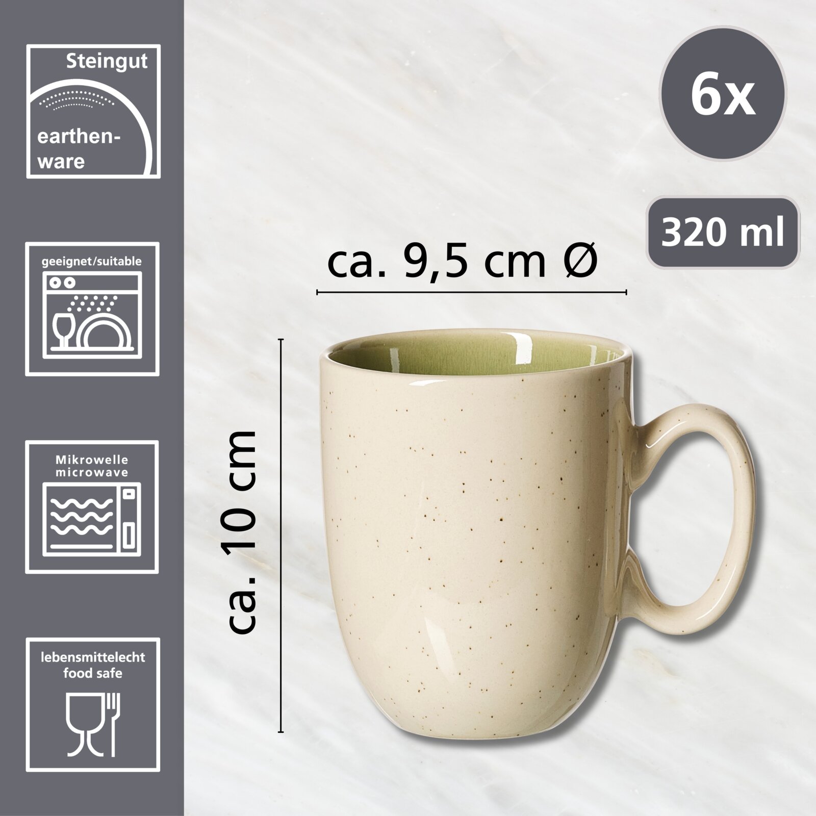Ritzenhoff & Breker Becherset 6-tlg. SKOG Becherset aus Steingut, hellgrün, 6er-Set, 320 ml, Seitenansicht