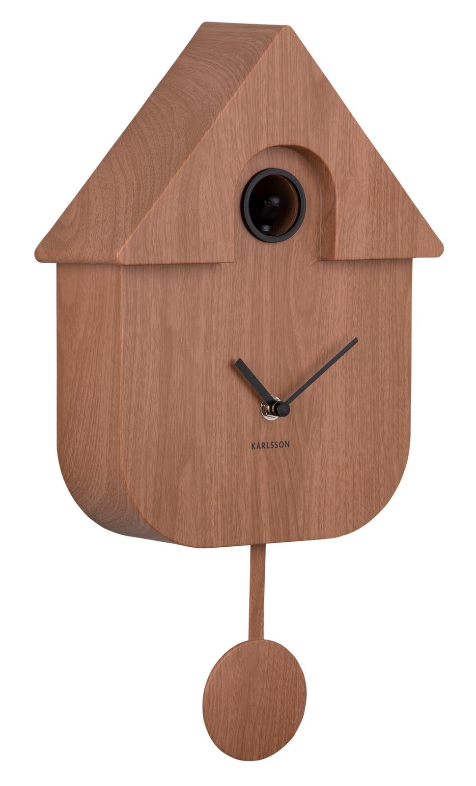 Moderne Wanduhr in Form eines Vogelhauses aus Holz mit Pendel, seitliche Perspektive