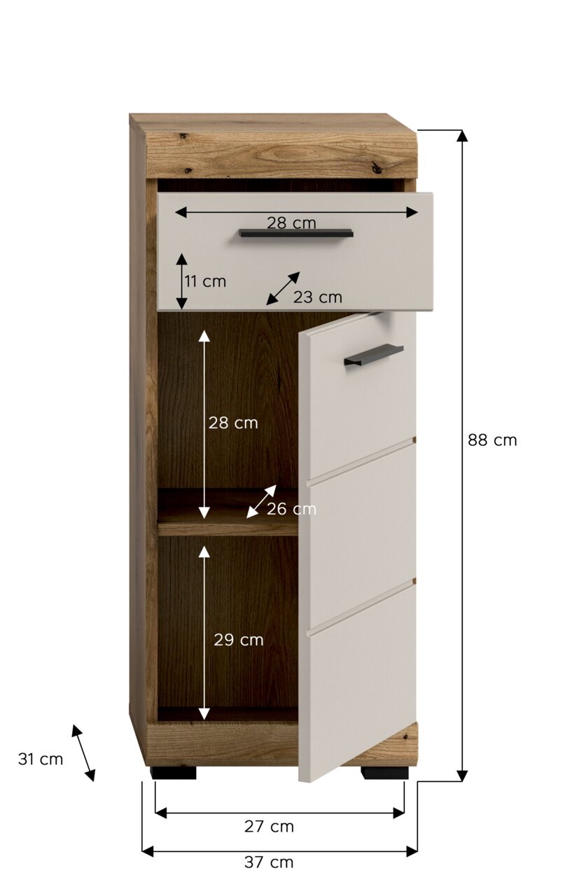 Schmaler Bad-Hochschrank in Holzoptik mit weißer Schublade und geöffneter Tür, Innenfächer sichtbar, Maßangaben (H 88 cm, B 37 cm, T 31 cm) in frontaler Ansicht mit leicht seitlicher Perspektive.
