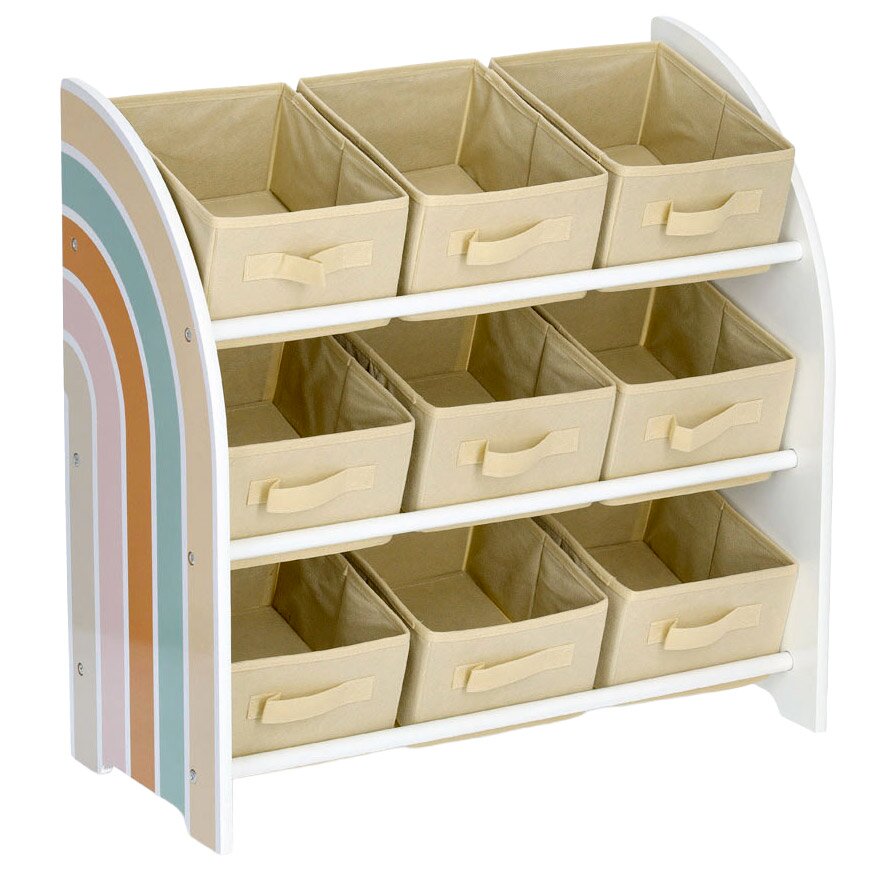 Kinder-Regal mit 9 Boxen, seitliche Regenbogenverzierung, Frontansicht