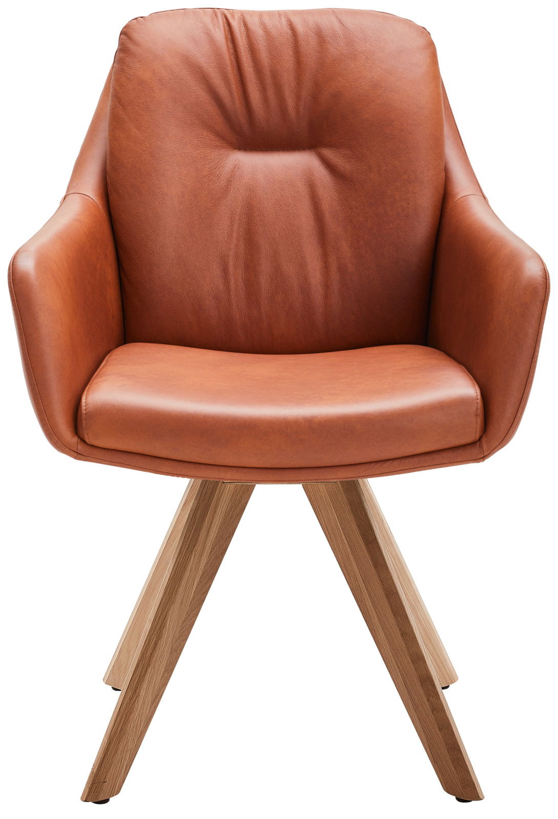 Waldwelt Armlehnstuhl ARUBA Moderner Armlehnstuhl aus braunem Leder mit Holzbeinen, Frontalansicht