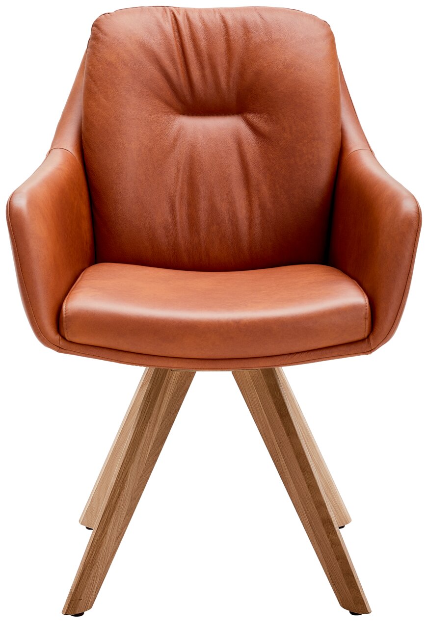 Moderner Armlehnstuhl aus braunem Leder mit Holzbeinen, Frontalansicht