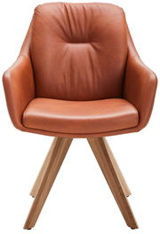 Moderner Armlehnstuhl aus braunem Leder mit Holzbeinen, Frontalansicht