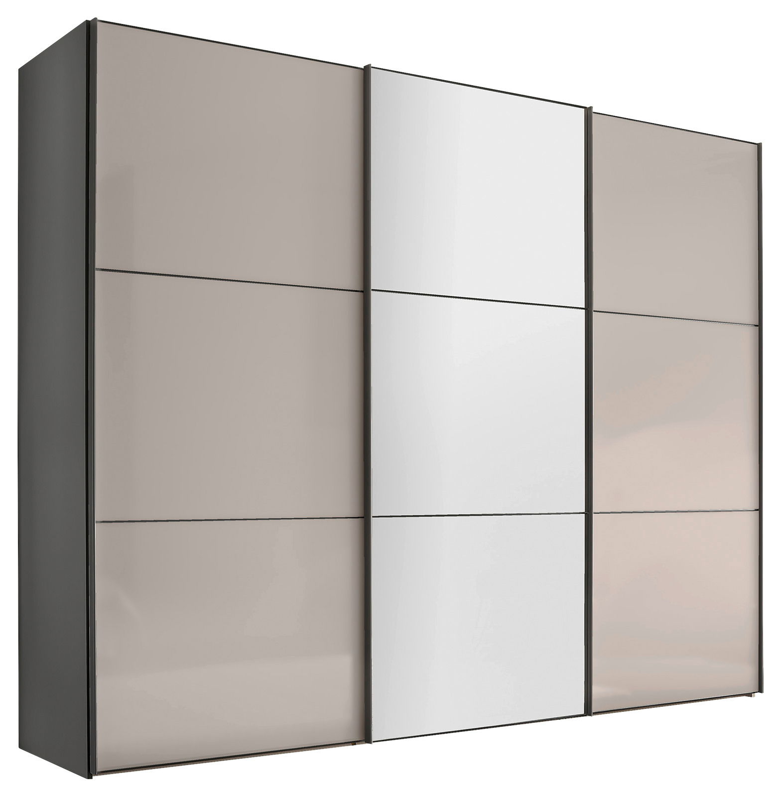 Schwebetürenschrank mit drei Türen in Beige und Weiß, seitliche Perspektive