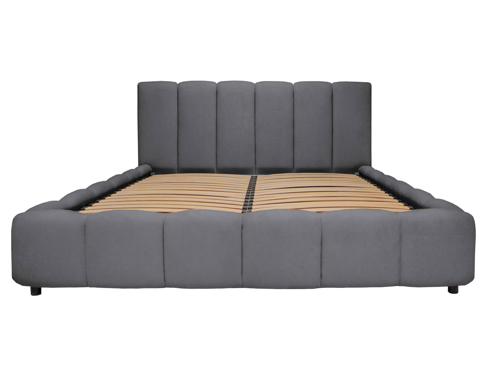 Graues Polsterbettgestell mit Lattenrost, Vorderansicht