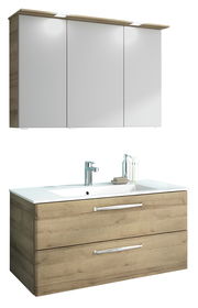 Moderner Badblock mit Holzoptik und weißem Waschbecken, Frontansicht