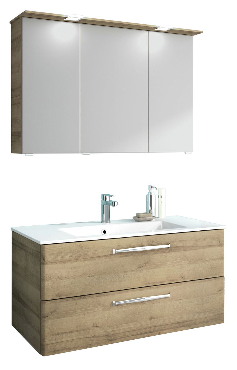 Moderner Badblock mit Holzoptik und weißem Waschbecken, Frontansicht