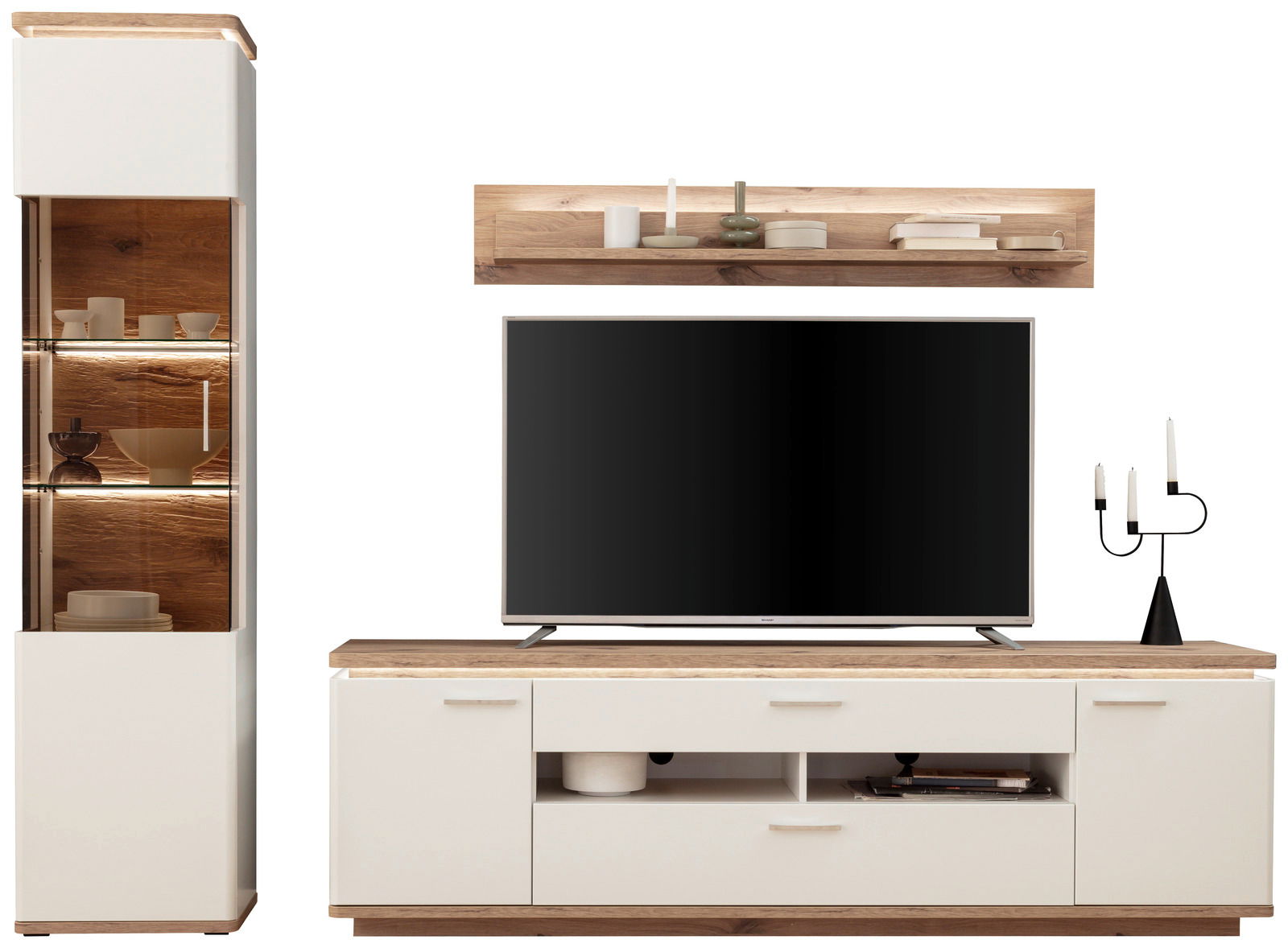 Moderne Wandkombination mit TV-Schrank, Vitrine und Regal in Holzoptik, frontal betrachtet.