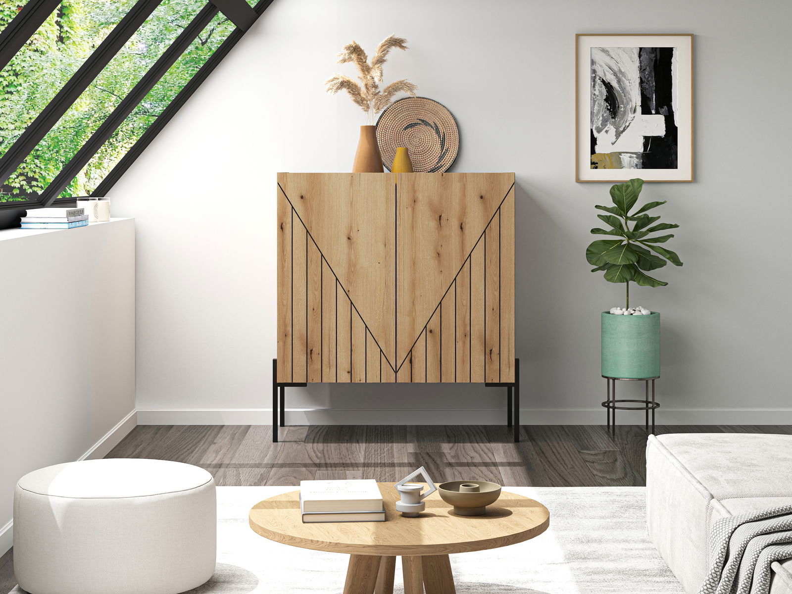 Moderne Kommode aus Holz mit geometrischem Design, frontal fotografiert in einem stilvoll eingerichteten Wohnzimmer mit Pflanzen und Kunst an der Wand.