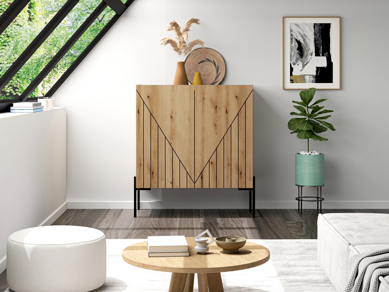 Moderne Kommode aus Holz mit geometrischem Design, frontal fotografiert in einem stilvoll eingerichteten Wohnzimmer mit Pflanzen und Kunst an der Wand.