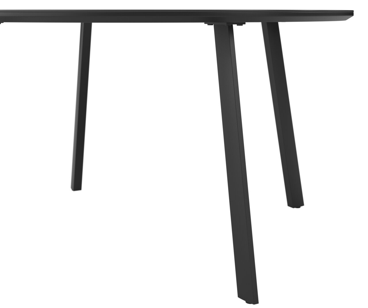 Moderner schwarzer Gartentisch mit schrägen Beinen, seitliche Perspektive