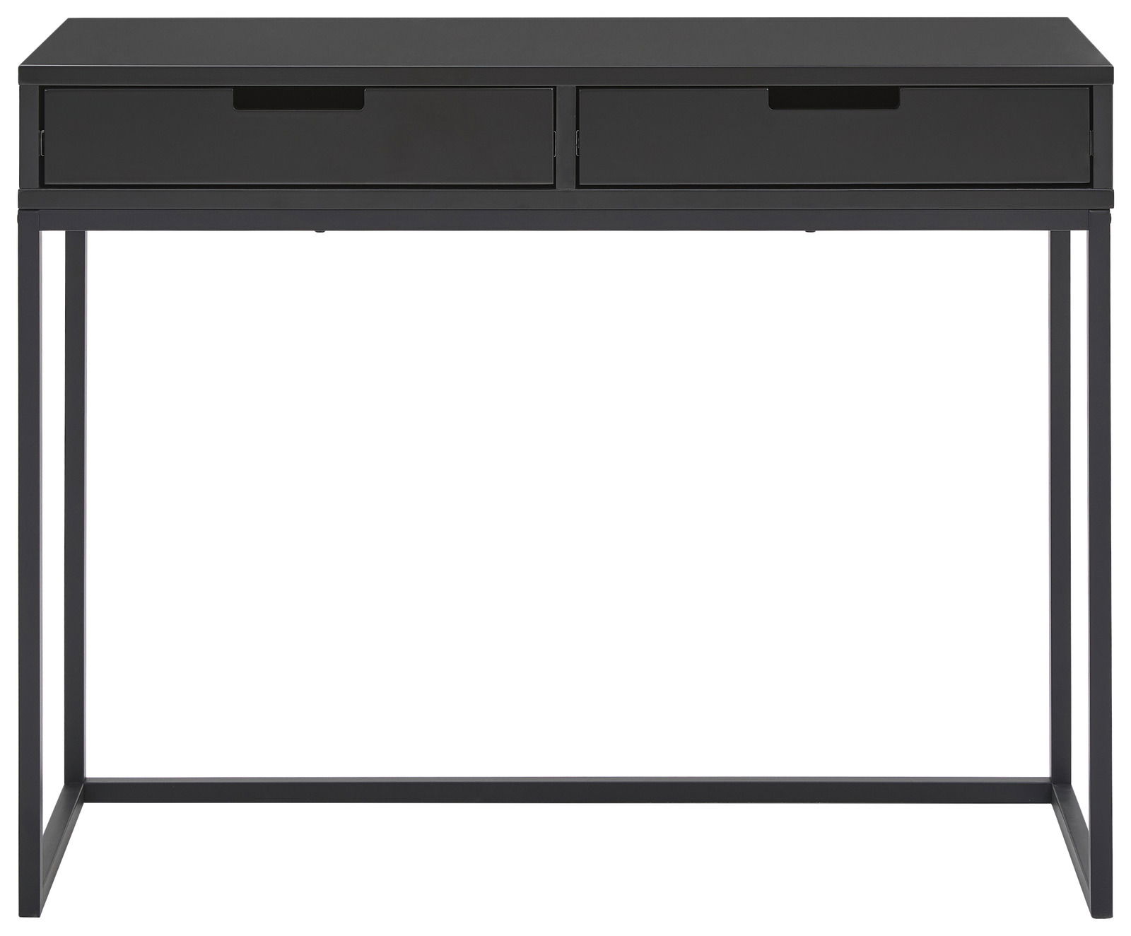 Schwarze Konsole mit zwei Schubladen, frontal betrachtet.