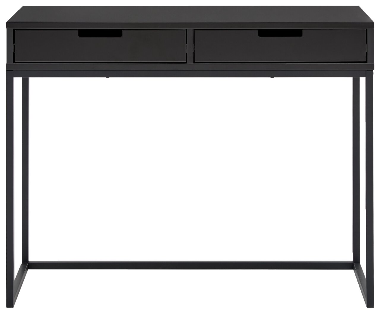 Schwarze Konsole mit zwei Schubladen, frontal betrachtet.