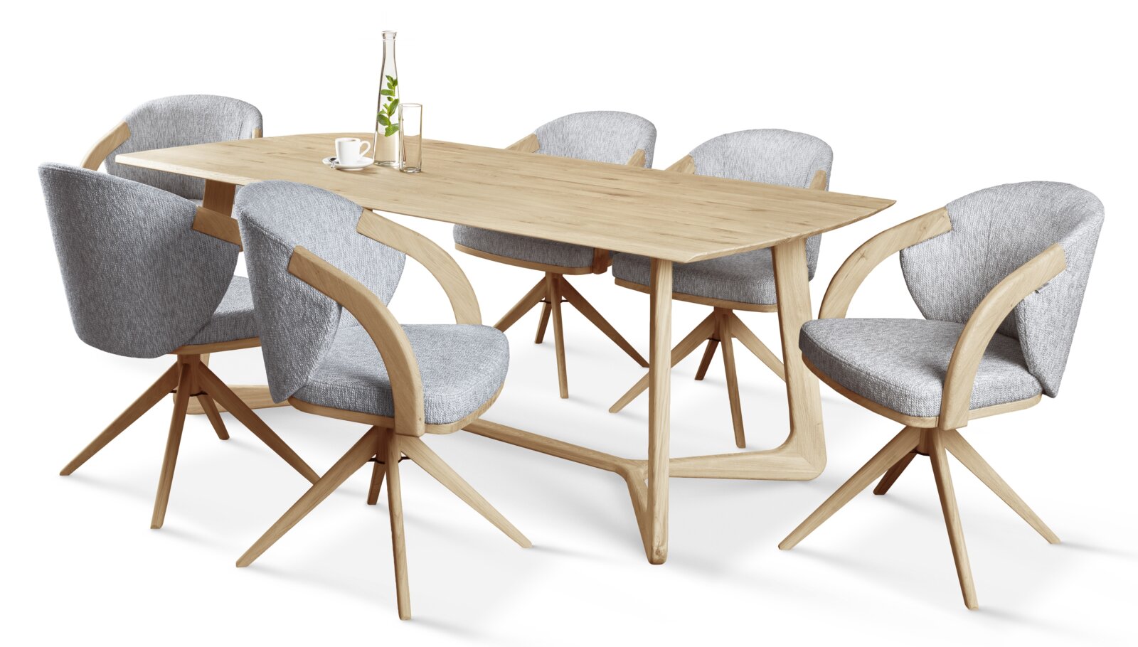 Esszimmer mit sechs modernen Armlehnstühlen aus Holz und grauem Stoffbezug um einen rechteckigen Holztisch, seitliche Perspektive