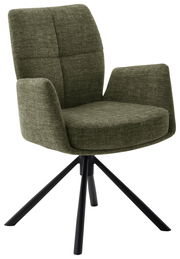 Grüner Sessel mit gepolsterten Armlehnen und schwarzem Metallgestell, seitliche Perspektive