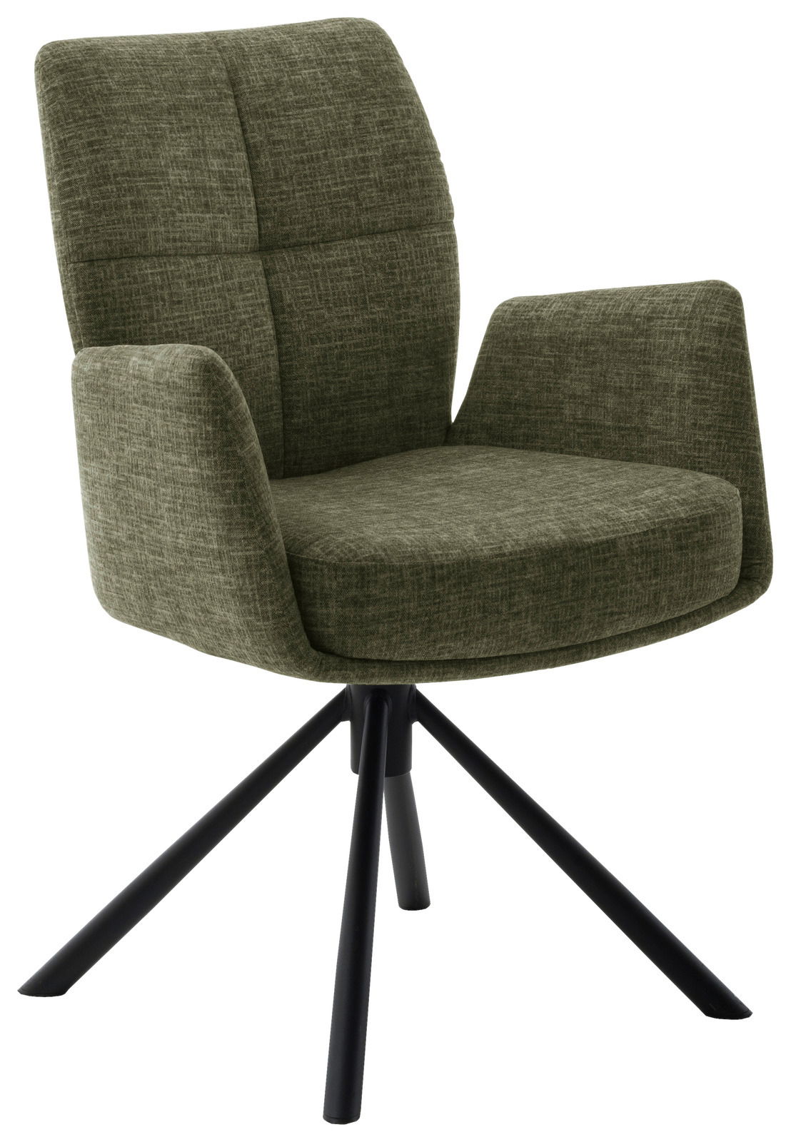 Grüner Sessel mit gepolsterten Armlehnen und schwarzem Metallgestell, seitliche Perspektive