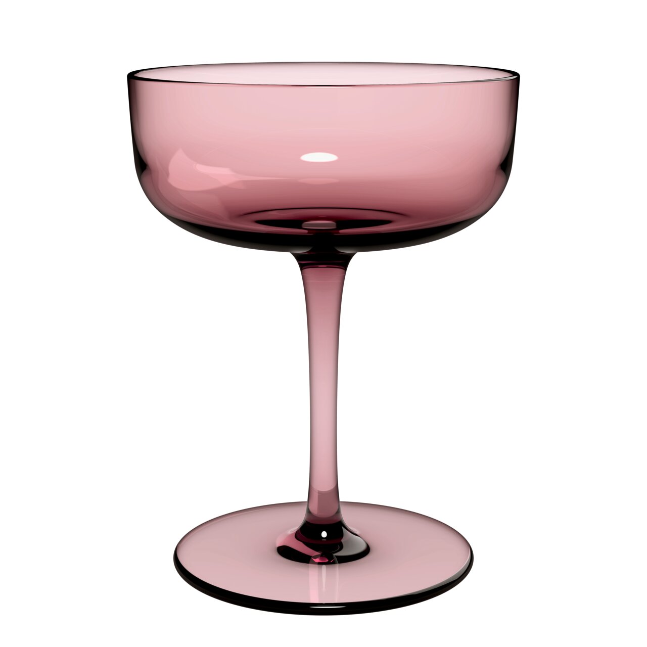Rosa Sekt- und Dessertschale aus Glas, seitliche Perspektive
