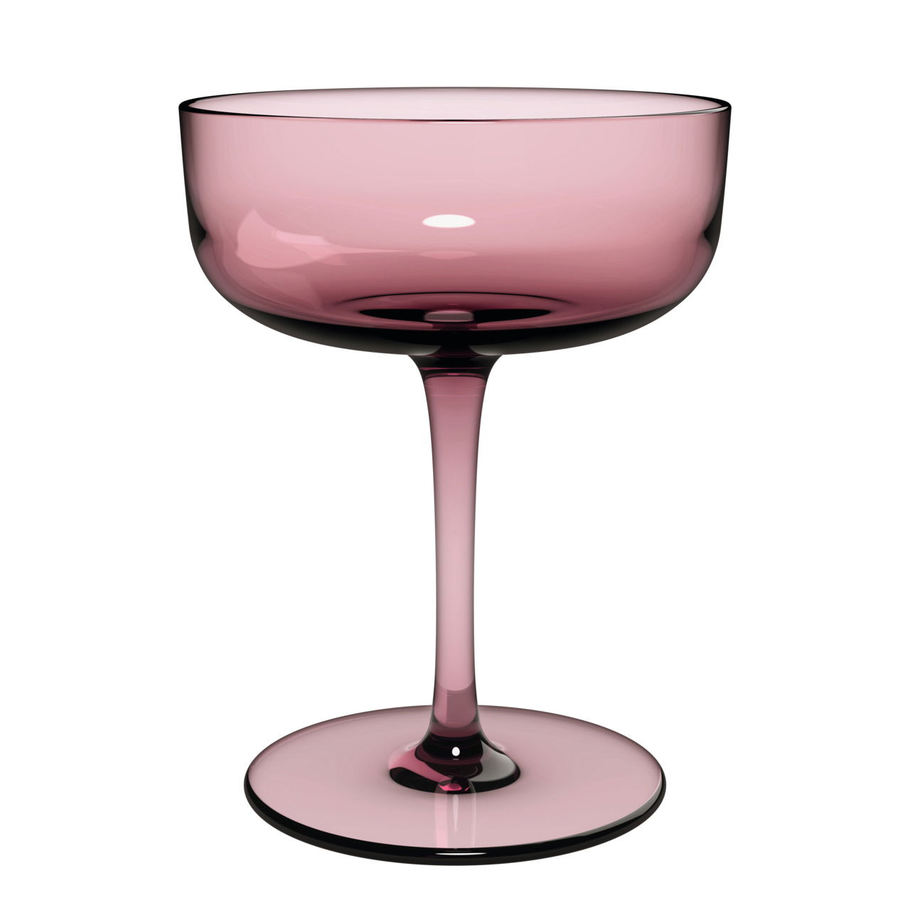 Rosa Sekt- und Dessertschale aus Glas, seitliche Perspektive