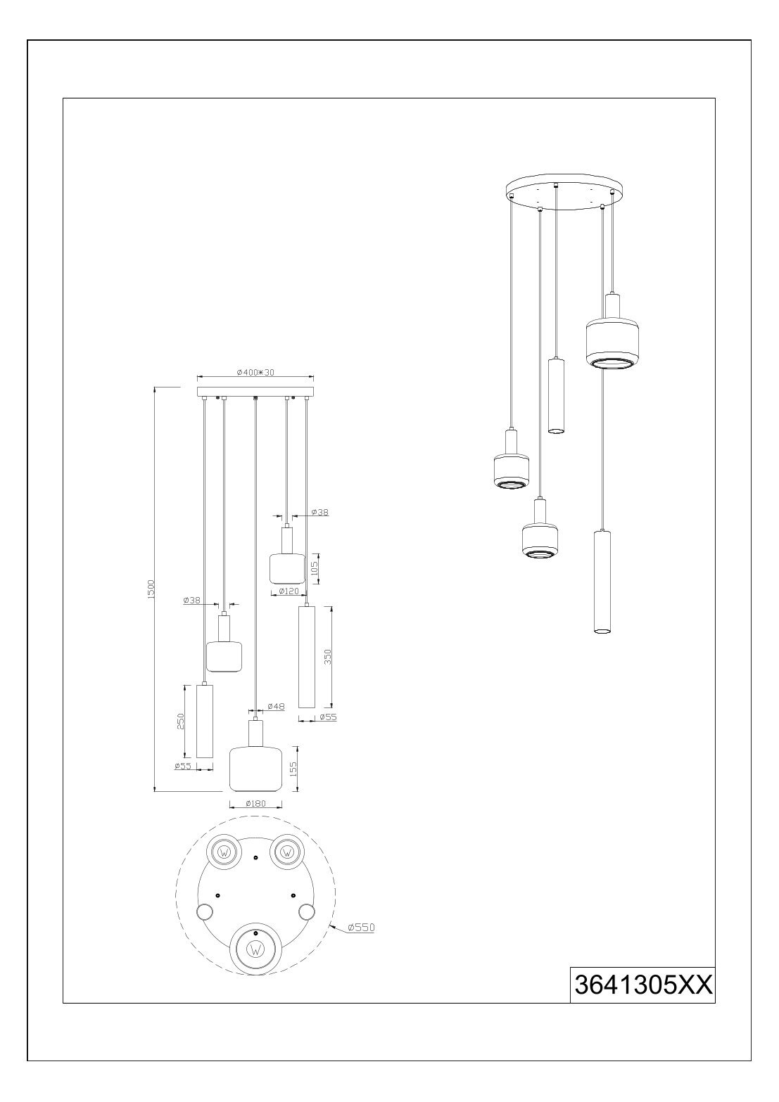 TRIO SELECT LED-hanglamp BEDFORD Technische lijntekening van een moderne plafondhanglamp met ronde plafondplaat en vier hangende cilindrische/kubusvormige lampkoppen op verschillende hoogtes, getoond in vooraanzicht en isometrisch zijaanzicht met maatvoering.
