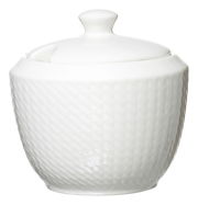 Weiße Zuckerdose mit Deckel, seitliche Perspektive