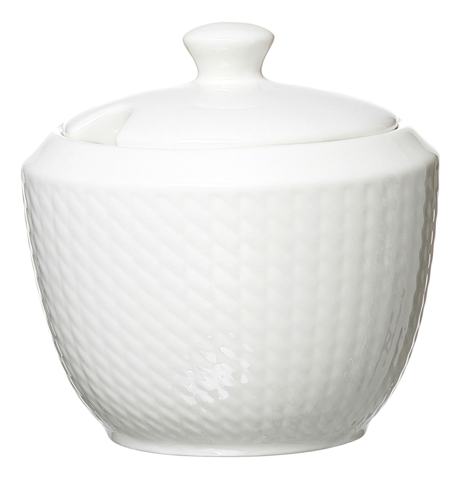 Weiße Zuckerdose mit Deckel, seitliche Perspektive