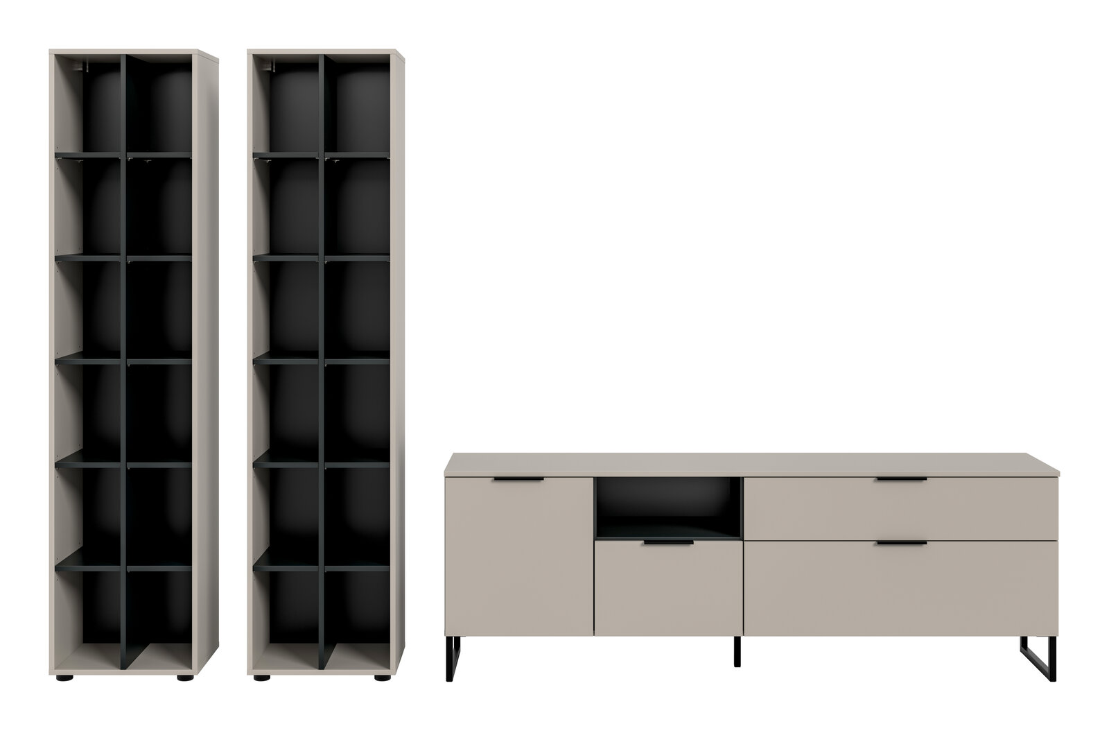 Modernes Möbel-Set in Beige und Schwarz: zwei hohe offene Regale mit mehreren Fächern und ein niedriges Sideboard mit Türen, Schubladen und offenem Fach auf schwarzen Metallfüßen, frontal aus leichter Schrägansicht vor weißem Hintergrund
