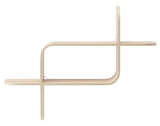 Modernes Wandregal aus hellem Holz mit geschwungenem Design, seitliche Perspektive