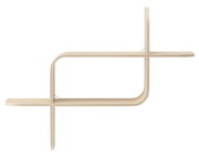 Modernes Wandregal aus hellem Holz mit geschwungenem Design, seitliche Perspektive