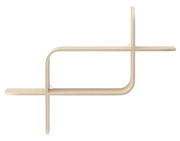 Modernes Wandregal aus hellem Holz mit geschwungenem Design, seitliche Perspektive